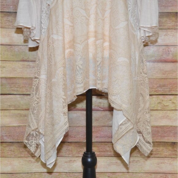 Ryu Ladies S Cream Lace Trim Blouse 3/4 Bell Sleeves Tunic Boho Fairy Cottage - Picture 4 of 13